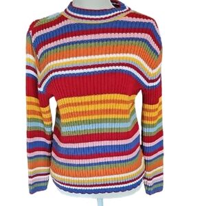 Plaid Moose Mock Turtle Neck Striped Sweater Size Girls Large 14-16 Womens S EUC